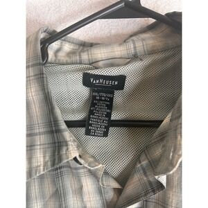 Van Heusen Mens XXL Plaid Button Down Shirt Grey Tan Long Sleeve Mesh Back Yoke